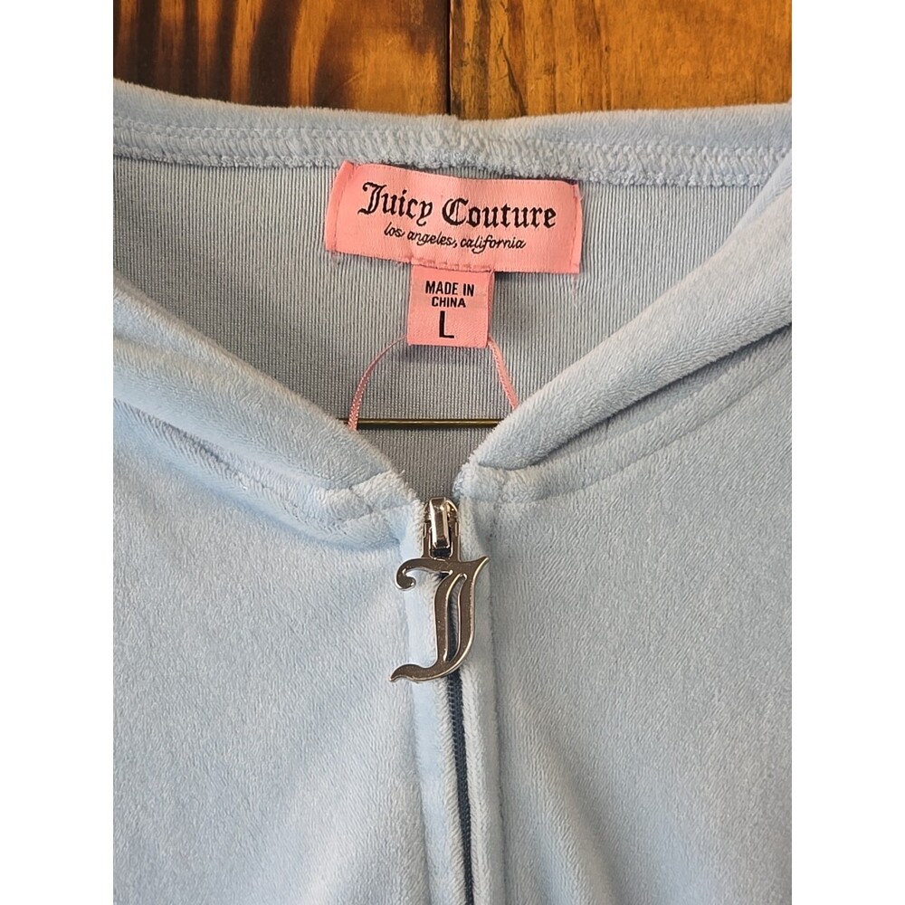 Juicy Couture Velour Light Blue Rhinestone Bling Crop Hoodie Track Suit, Large